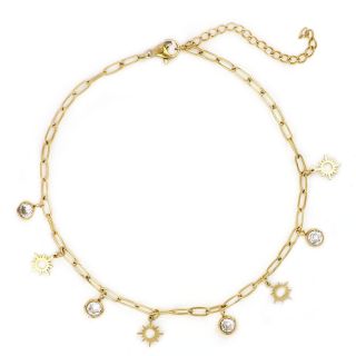 Ατσάλινο βραχιόλι ποδιού επίχρυσο με ήλιους και κρυσταλλάκια Ατσάλινο βραχιόλι ποδιού επίχρυσο με ήλιους και κρυσταλλάκια
