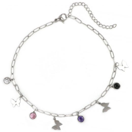 Stainless steel anklet with multicolored crystals and butterflies