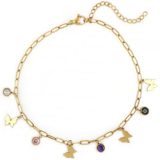 Stainless steel gold plated anklet with multicolored crystals and butterflies