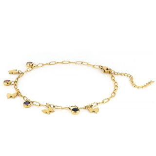 Stainless steel gold plated anklet with multicolored crystals and butterflies - 