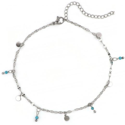 Stainless steel gold plated anklet with turquoise beads and round charms