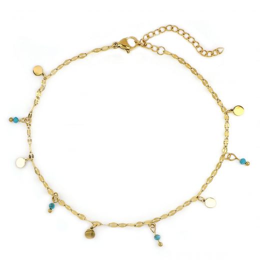 Stainless steel gold plated anklet with round charms and turquoise beads