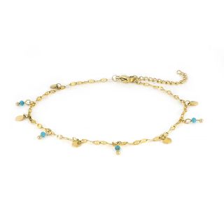 Stainless steel gold plated anklet with round charms and turquoise beads - 