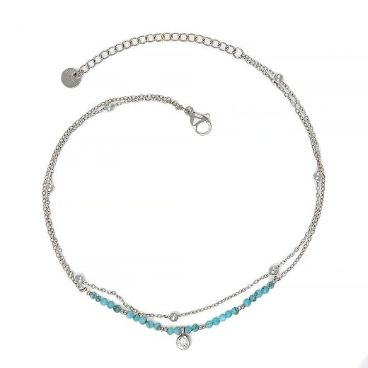 Stainless steel chain anklet with light blue beads