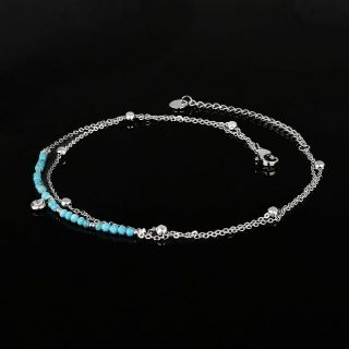 Stainless steel chain anklet with light blue beads - 