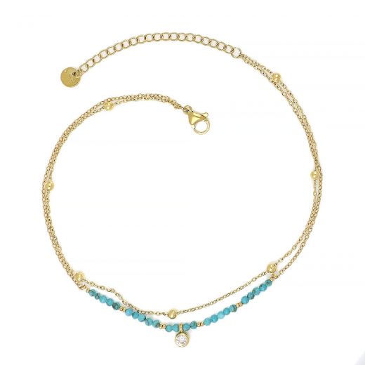 Stainless steel gold plated anklet with light blue beads