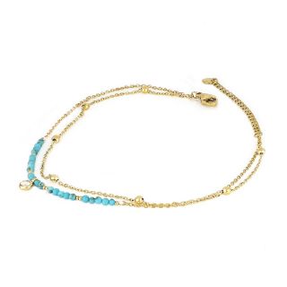 Stainless steel gold plated anklet with light blue beads - 