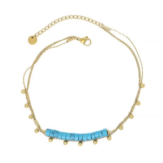 Stainless steel gold plated anklet with big turquoise beads