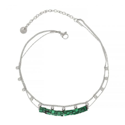 Stainless steel chain anklet with big emerald-green beads