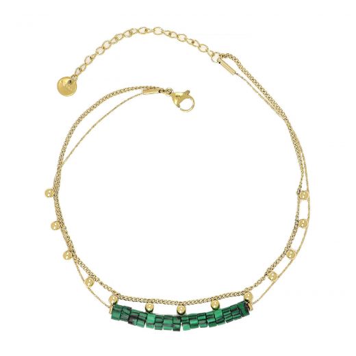 Stainless steel gold plated anklet with big emerald-green beads
