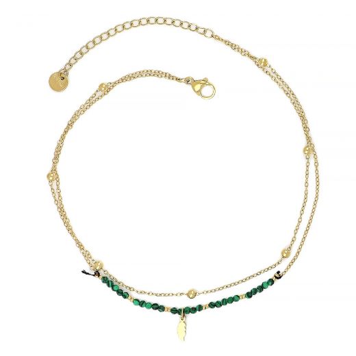 Stainless steel gold plated anklet with double chain with green beads, balls and leaf