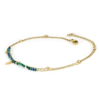 Stainless steel gold plated anklet with double chain with green beads, balls and leaf - 