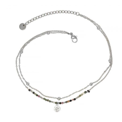 Stainless steel anklet with double chain with multicolor beads, balls and tree of life