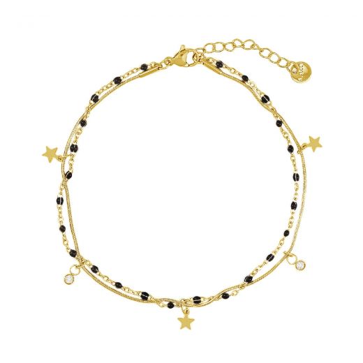 Stainless steel ankle bracelet with double gold-plated chain with hanging stars & zircons and black beads