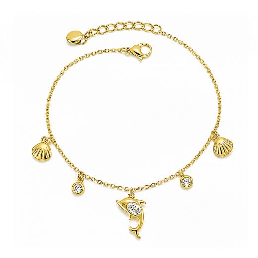 Anklet made of stainless steel in gold plated with dolphins and shells