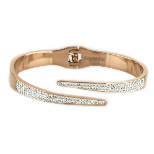 Bangles made of stainless steel in rose gold plated oblique sides with strass