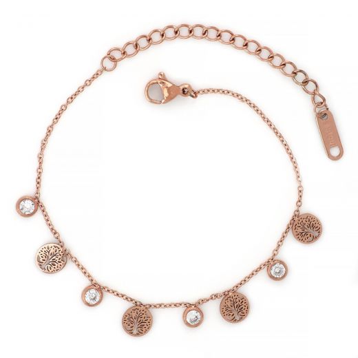 Bracelet made of stainless steel with trees of life and white cubic zirconia in rose gold plated color