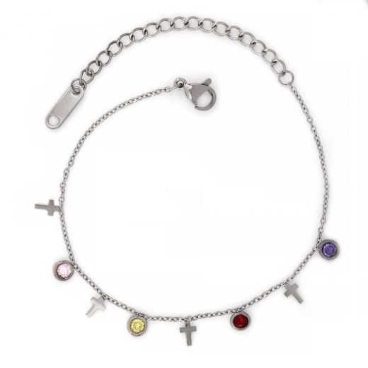 Bracelet made of stainless steel with small crosses and multicolor cubic zirconia