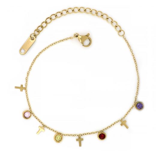 Bracelet made of stainless steel with small crosses and multicolor cubic zirconia gold plated