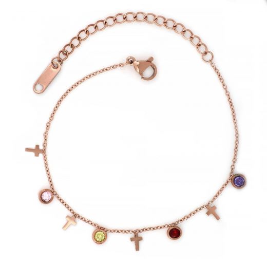 Bracelet made of stainless steel with small crosses and multicolor cubic zirconia in rose gold plated color