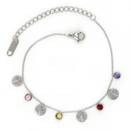 Bracelet made of stainless steel with trees of life and multicolor cubic zirconia