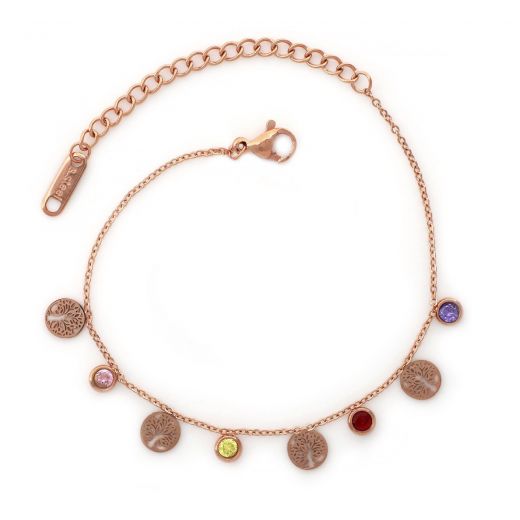 Bracelet made of stainless steel with trees of life and multicolor cubic zirconia in rose gold plated color