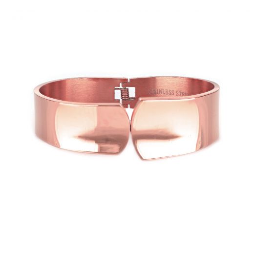 Stainless steel wide rose gold plated bangle bracelet opens and closes