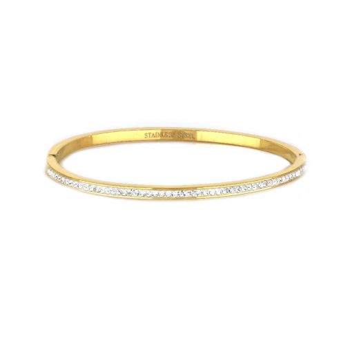 Stainless steel thin gold plated bangle bracelet with white strass