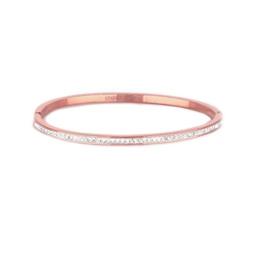 Stainless steel thin rose gold plated bangle bracelet with white strass