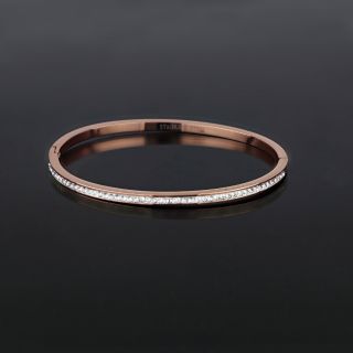 Stainless steel thin rose gold plated bangle bracelet with white strass - 
