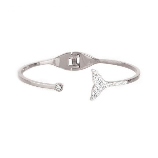 Stainless steel bangle bracelet with white strass and doplhin tale