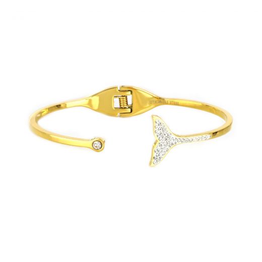 Stainless steel bangle bracelet gold plated with white strass and dolphin tale