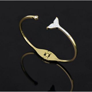 Stainless steel bangle bracelet gold plated with white strass and dolphin tale - 