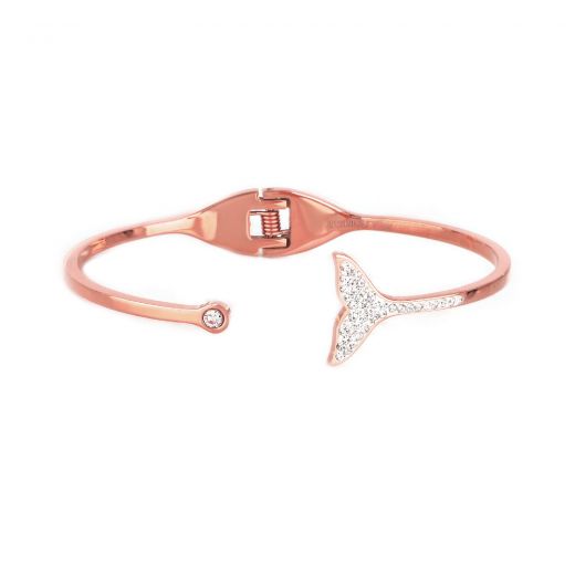 Stainless steel bangle bracelet rose gold plated with white strass and dolphin tale