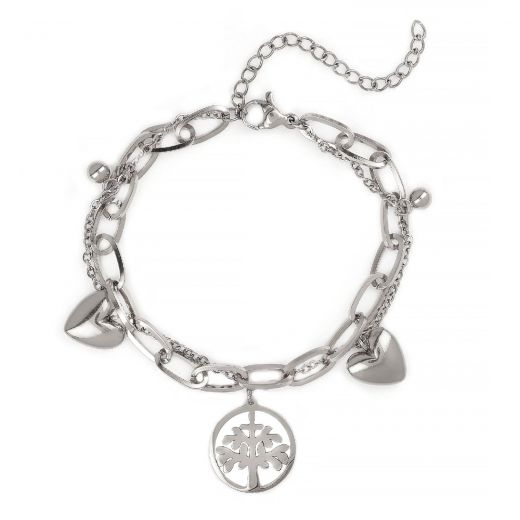 Stainless steel bangle with hearts, balls and tree