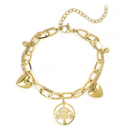 Stainless steel gold plated bangle with hearts, balls and tree