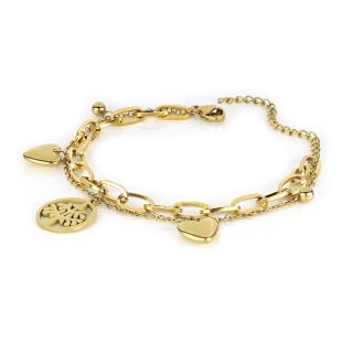 Stainless steel gold plated bangle with hearts, balls and tree - 
