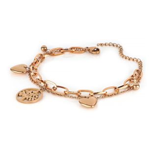 Stainless steel rose gold plated bangle with hearts, balls and tree - 