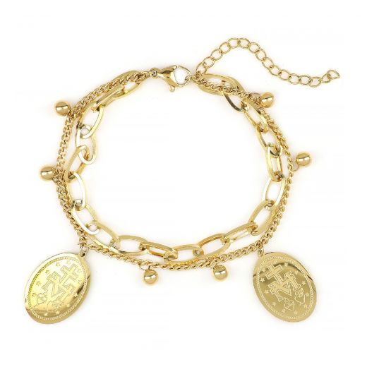 Stainless steel gold plated bangle with byzantine elements and balls