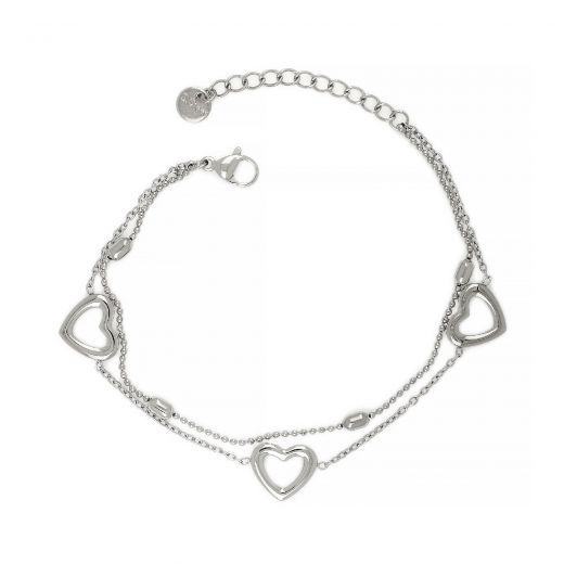 Women's Bracelet made of stainless steel with three hearts and double chain with cylindrical elements