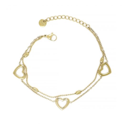 Women's Bracelet gold plated made of stainless steel with three hearts and double chain with cylindrical elements