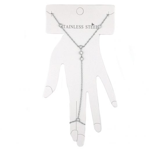 Stainless steel bracelet - ring with white zircons