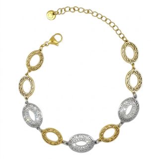 Two-tone stainless steel bracelet with white zirconia stones and Meander