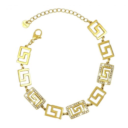 Gold-plated stainless steel bracelet with white zirconia stones and Meander
