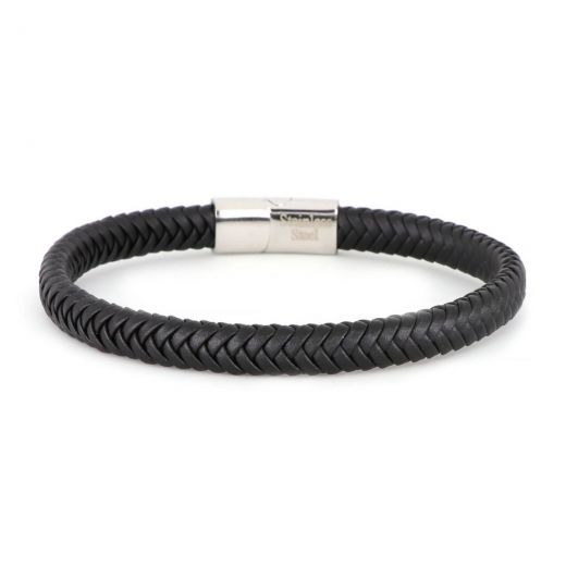 Bracelet made of black knitted leather with stainless steel clasp