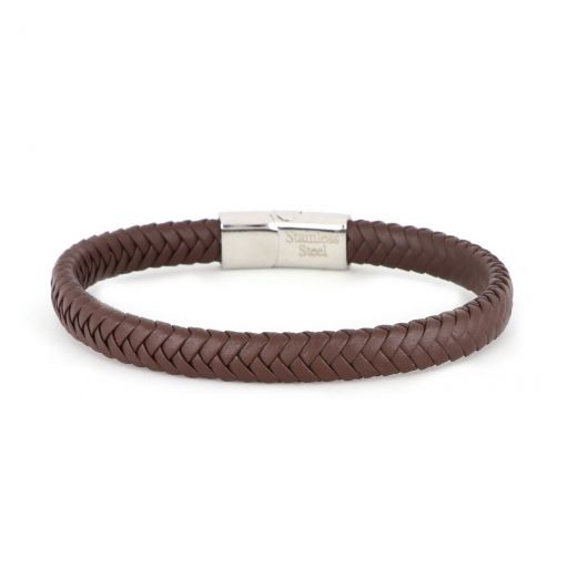 Bracelet made of brown knitted leather with stainless steel clasp