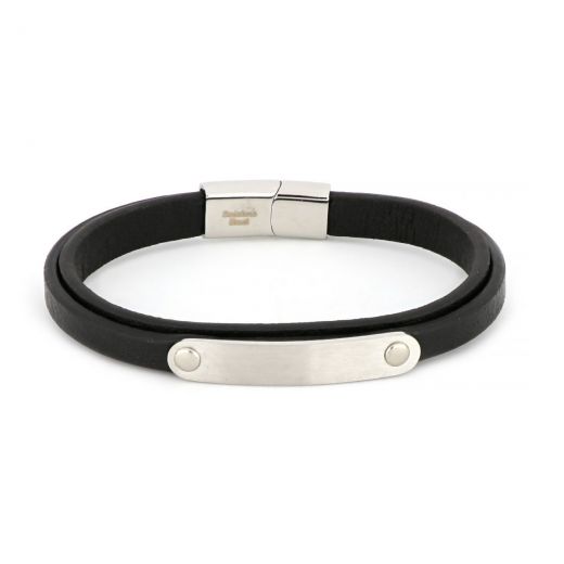 Bracelet made of black leather with stainless steel  plate & stainless steel clasp