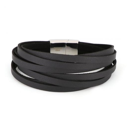 Bracelet made of six black leather & stainless steel clasp