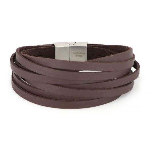 Bracelet made of six brown leather & stainless steel clasp