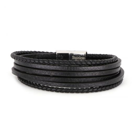 Bracelet made of four smooth and two knitted black leather & stainless steel clasp